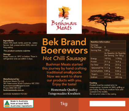 Product Label for Bushman Meats Bek Brand Hot Chilli Boerewors
