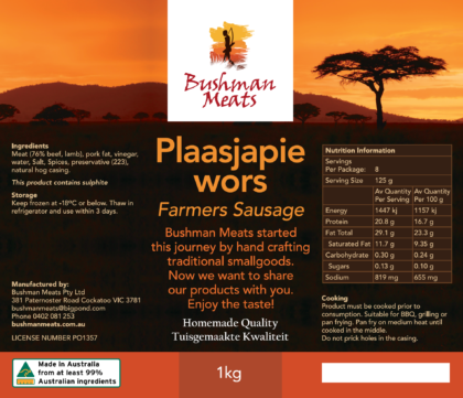 Product Label for Bushman Meats Plaasjapie Farmer Sausage Boerewors