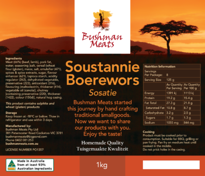 Product Label for Bushman Meats Sous Tannie Boerewors