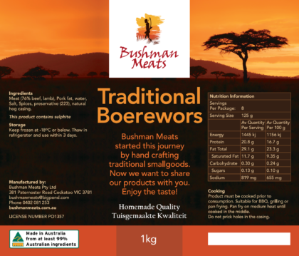 Product Label for Bushman Meats Traditional Boerewors