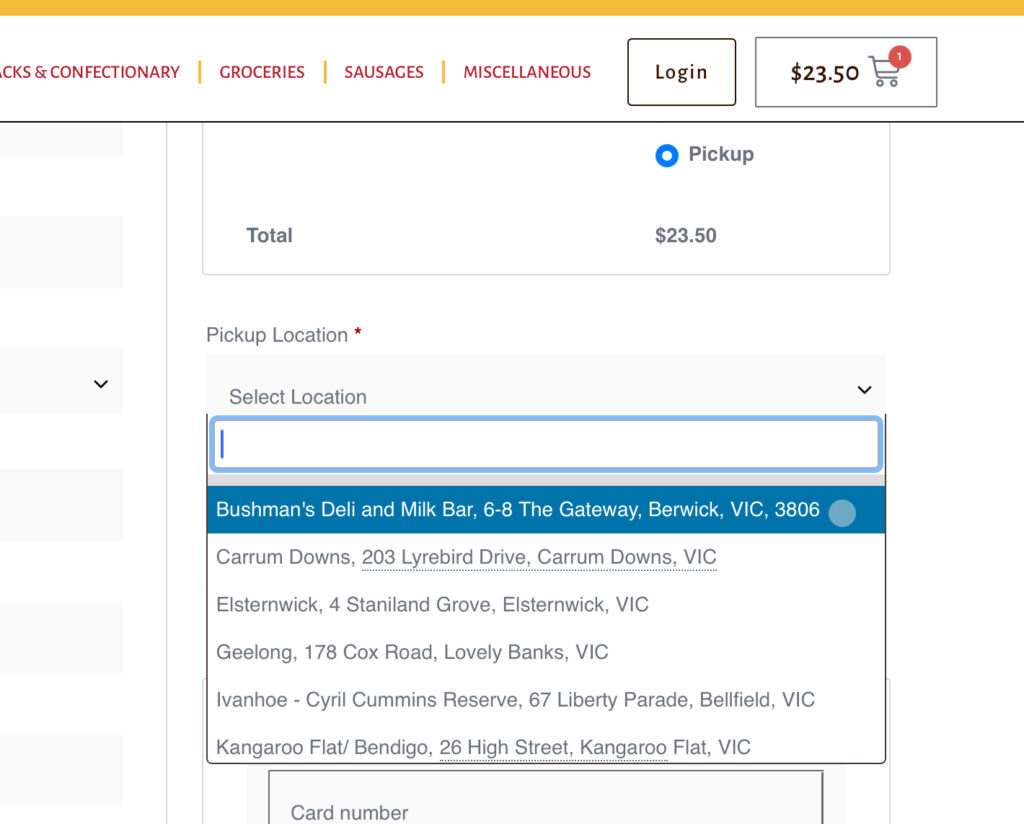 Screen shot of the Pickup Options on the Checkout Screen. Bushman’s Deli is highlighted